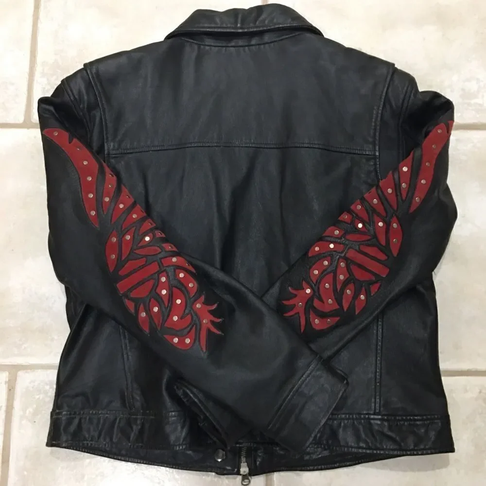 HARLEY DAVIDSON WOMENS SANTA CRUZ Black LEATHER JACKET suede eagle print sleeves